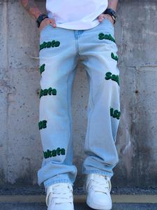 Men's Letter Embroidery Straight Leg Jeans, Loose Casual Comfy Denim Pants for Daily Wear, Fashion Men's Bottoms for All Seasons