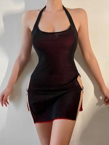 Women's Plain Split Thigh O-ring Halter Cami Dress, Sexy Backless Mini Nightclub Party Dress, Ladies Summer Clothes, Womenswear