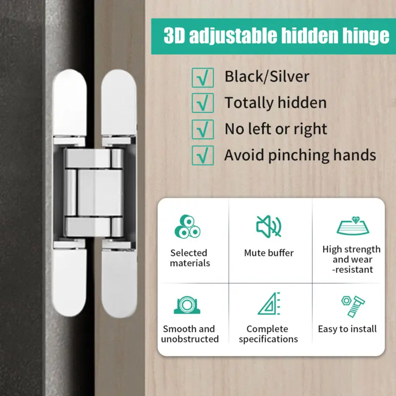 2x Hidden Heavy Duty Concealed Door Hinges Invisible 3 Way Adjustable Butt Hinge 8