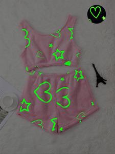 Two-piece Set Women's Reflective Cartoon Print Crop Tank Top & Elastic Waist Shorts Flannel Pyjama, Fluffy Pajamas, Casual Comfortable Sleeveless Top & Shorts Loungewear Set, Ladies Sleepwear, Halloween