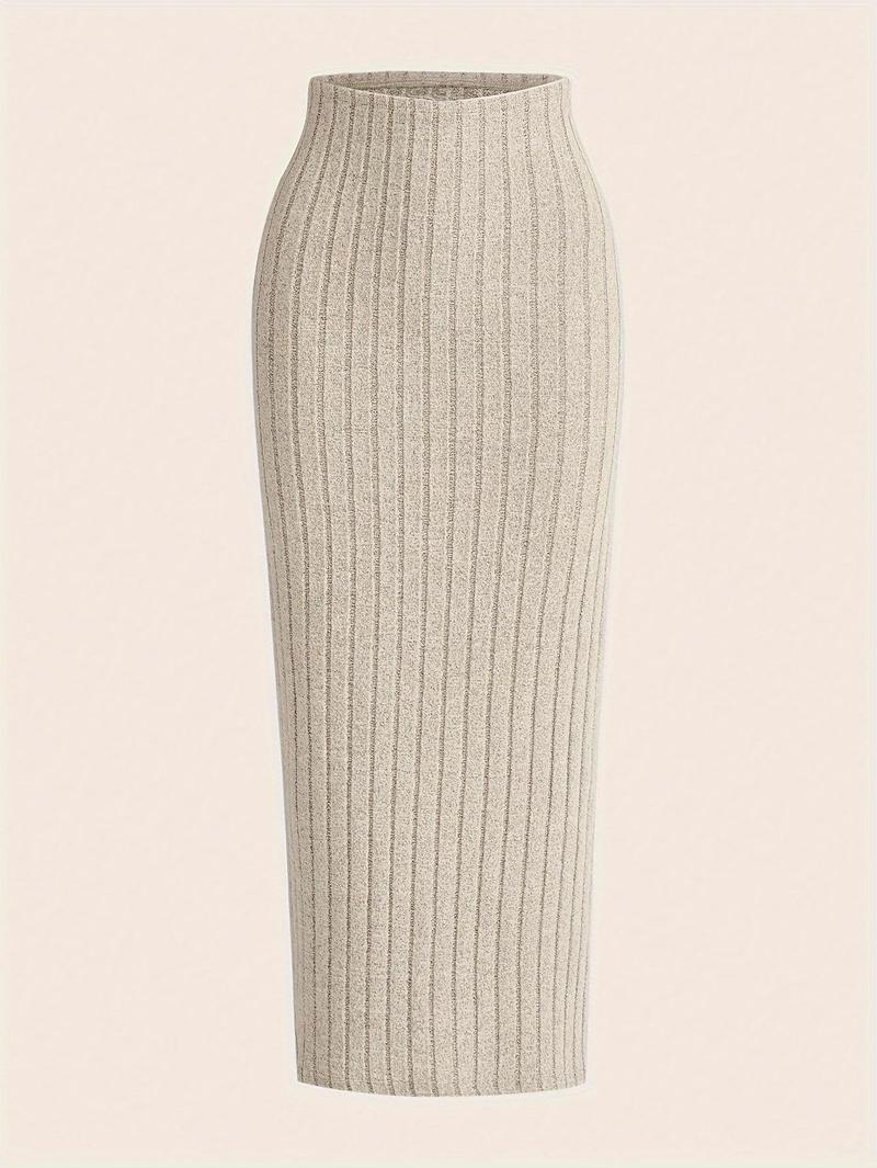Product Introduction of Solid Rib Knit Bodycon Skirt, Elegant High Waist Maxi Skirt, Women's Clothing 1