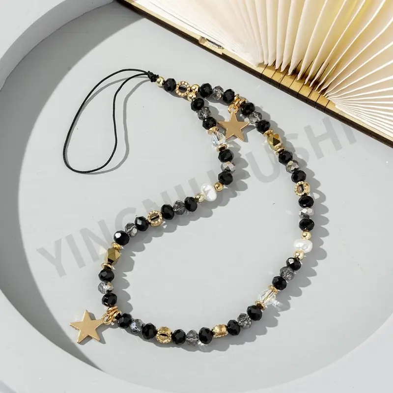 Anti-Lost Bead Phone Lanyard Wrist Strap,Trendy Crystal Bead Mobile Phone Chain Five-Pointed Star Phone Charm Strap Cellphone Hanging Cord Telephone Chain Keychain for Women Girls 3