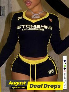 Women's Letter Print Colorblock Short Sleeve Crop Top & Skinny Shorts Two-piece Set, Casual Sporty V Neck Tee & Shorts for Daily Outdoor Wear, Ladies Spring & Fall Clothes, Sportswear Clothing, Sporty Style Clothes