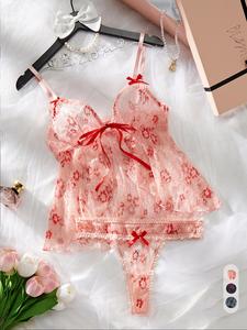 Women's Floral Print Sheer Lace Sexy Lingerie Set, Bow Decor Split Lingerie Top & Thong Set, Romantic Underwear Set for Ladies