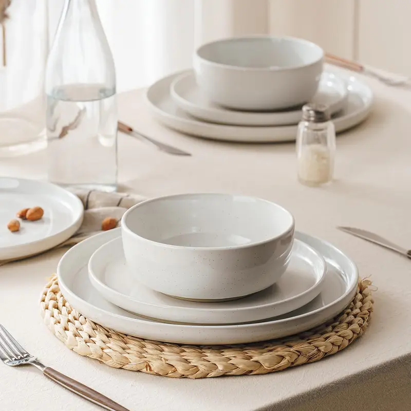 Richmount Milkyway Plates and Bowls Set, 12 Piece Dinner Set, Speckled Stoneware Dinner Set for 4, Chip and Scratch Resistant Dinnerware Sets, Dishwasher & Microwave Safe, White Cutlery Tableware 1