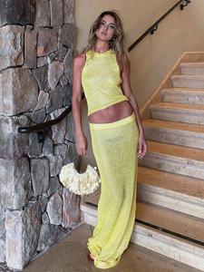 Women's Solid Color Cover Up Set, Sheer Cover Up Sleeveless Tank Top & Skirt Set, Ladies Beach Holiday Vacation Swimwear, Womenswear, Clothes