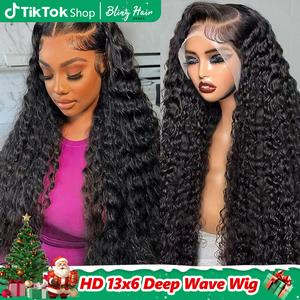 Bling Hair 13x4 13x6 HD Lace Frontal Deep Wave Human Hair Wigs 30 36 Inch  For Women Water Wave Wig 100% Human Hair Natural Color Transparent Lace Wigs Natural Hairline Free Shipping UK