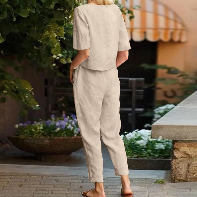 Women's Pullover Shirt And Pants Two-piece Set 2025 Women's Cotton And Linen Summer Suit Short Sleeved O-neck Outfit Pants 4
