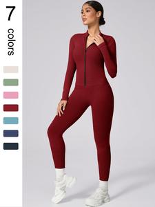 Women's Seamless High Elastic Thread Collar Zipper Long Sleeve High Waist Shaping Trousers Yoga suit Outdoor Running Cycling Hiking Walking Fashion suit Lightweight Athletic Outfits All-match long-sleeve trousers for gym training