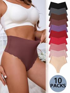 Women's Solid Scallop Trim High Waist Panty, Soft Comfy Breathable Seamless Knicker for Daily Wear, Underwear for All Seasons