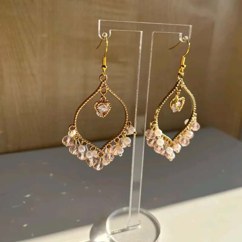 Handmade Pink Crystal White Pearl Heart Earrings - Light Weight Jhumkas for Women 3