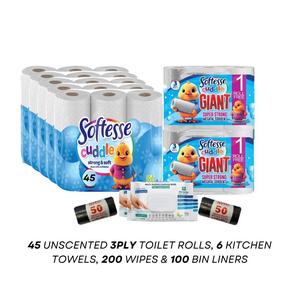 "STARTER PACK: 45 mixed" 45 Non Scented 3ply Toilet Rolls,  6 Kitchen Towels 3x2pk ,200  Multi Surface Cleaning Wipes and 100 bin bags Pack Sheets