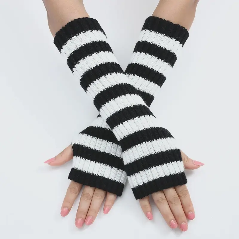 Women's Striped Knit Arm Warmers – 30cm Long Fingerless Gloves – Ideal for Gothic & Everyday Casual Wear 6