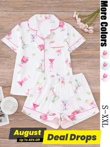 Women's All Over Cocktail Print Button Front Shirt & Elastic Waist Shorts, Casual Comfy Short Sleeve Sleepwear for All Seasons, Loungewear, Womens Clothes, Fruit Print Pajamas Sets, Homewear, Cute Loungewear, Summer Sleepwear, Pjs
