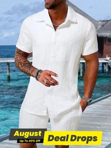 Men's Regular Fit Shortsleeve Pajama Two-piece Set, Casual Comfy Button Up Top & Shorts Pj Set, Men's Summer Sleepwear Loungewear, Menswear