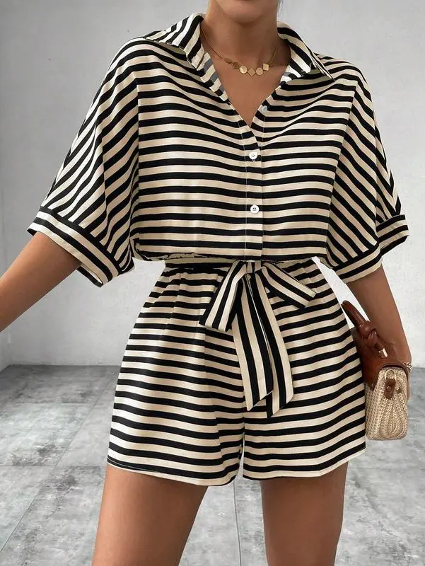 Women's Striped Print Romper, Casual BeltedRomper for Summer, Fashion Women's Clothesfor Daily Wear Comfortable Fit Womenswear Elegance 6