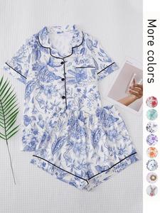 Women's All Over Print Contrast Binding Lapel Shirt & Shorts Pyjama Set, Button Front Short Sleeve Top & Elastic Waist Shorts Pj Lounge Set for Fall, Casual Two-piece Sleepwear Loungewear Co-ord Set for Women, Womenswear, Pajamas