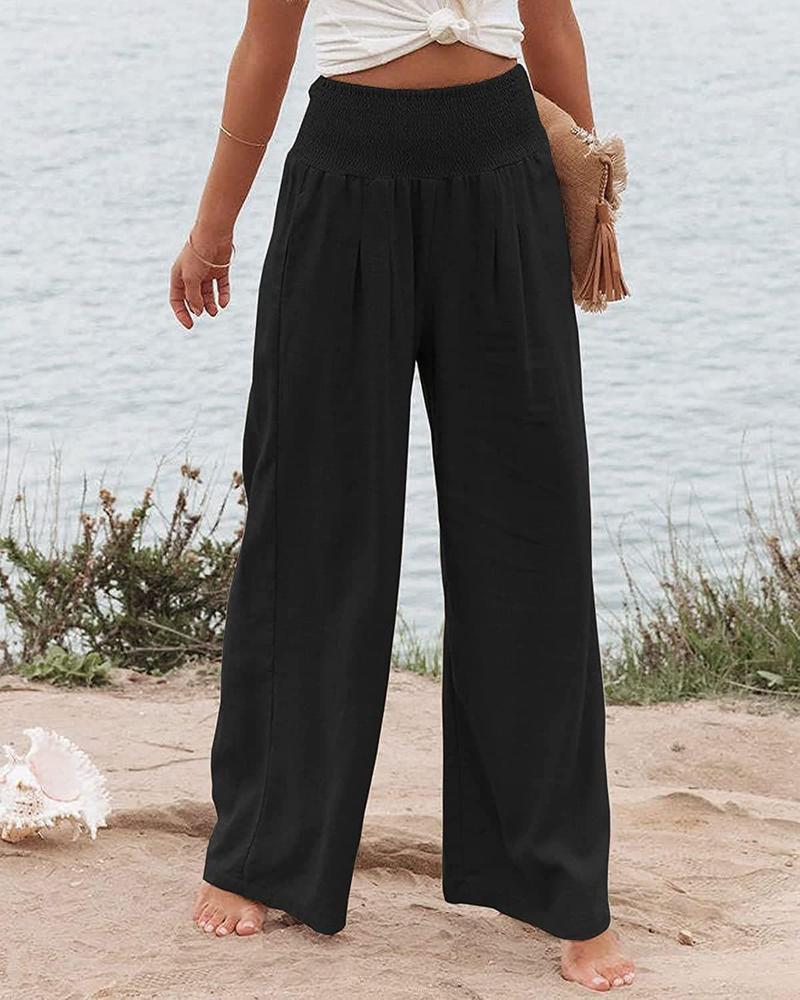Product Introduction of Women's Plain Pocket Shirred Wide Leg Pants, Casual Elastic Waist Trousers for Beach Vacation Holiday, Ladies Bottoms for All Seasons 7