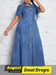 【Plus Size】 Minimalist Aesthetic Plain Button Fly Denim Dress, Casual Summer Chic Short Sleeve Dress for Summer, Women's Plus Clothing for Daily Wear