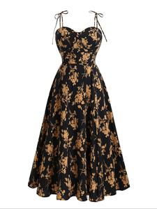 【Plus Size】 Floral Print Shirred Backless Tie Shoulder Cami Dress, Casual Cami Dress, Boho Sleeveless Spaghetti Strap A-line Dress for Beach Holiday Vacation, Women's Clothes for Summer