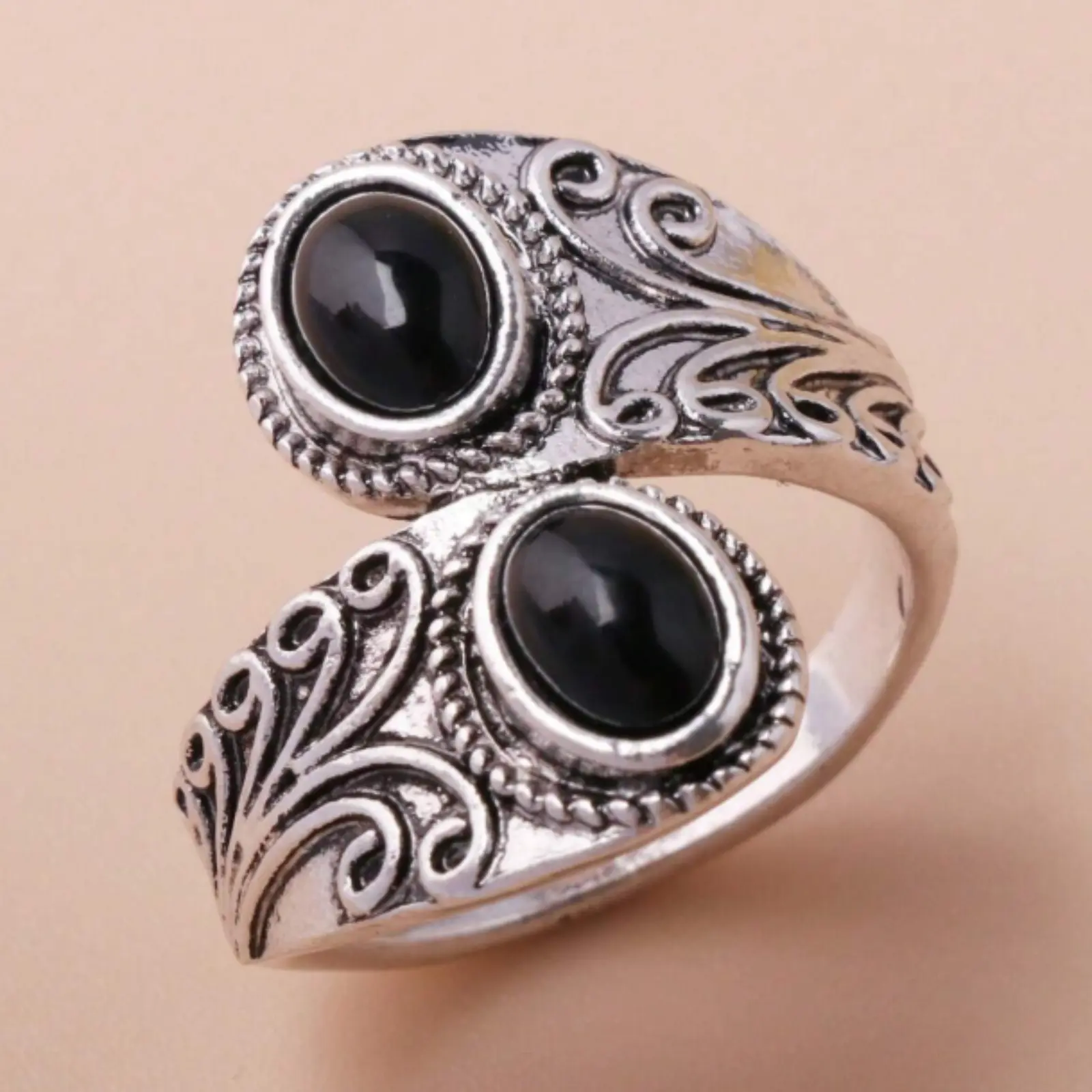 black oval ring, silver patterned ring for women everyday wear