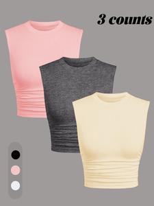 Women's Solid Ruched Crop Tank Top, Minimalist Slim Casual Basic Sleeveless Round Neck Cropped Top for Summer, Ladies Crewneck Clothes for Daily Wear, Cute Tops, Go Out Tops, Womenswear, Casual Fitted Sleeveless