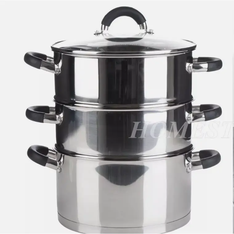 3 THREE TIER STAINLESS STEEL VEGETABLE FOOD STEAMER SET DISH INDUCTION POT Cookware Glass 4