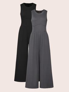 Women's Plain Round Neck Tank Jumpsuit, Elegant Casual Sleeveless Wide Leg Jumpsuit for Summer, Ladies Clothes for Daily Wear
