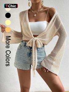 Women's Plain Knot Front Crochet Cropped Cardigan, Casual Minimalist Fitted Long Sleeve Cropped Cover Up for Summer, Fashion Women's Knitwear for Beach Holiday Vacation, Longsleeves Womenswear, Lightweight Cardigan