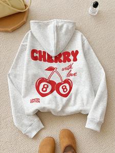 Women's Cherry & Letter Print Drop Shoulder Hoodie, Fashion Casual Drawstring Pocket Hooded Sweatshirt for Daily Holiday Outdoor Wear, Women Clothing for Fall & Winter
