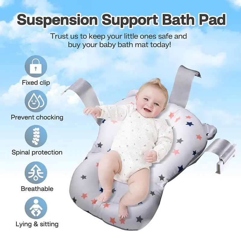 Foldable Baby Bath Tub Ergonomic with Temperature & Cushion Bath Pad + Bath Net 8