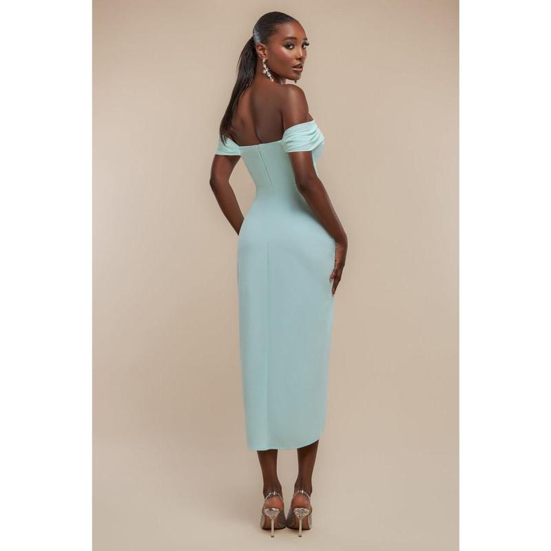 Off The Shoulder Chiffon Wing Scuba Crepe Midi Dress - Mint Green by Goddiva 1