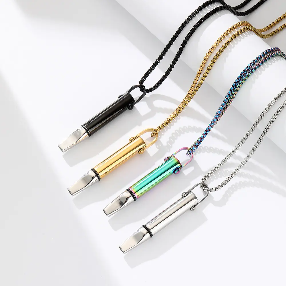 Breathing Resistance Whistle Necklace Round Tube Built-in Cotton Core Assisted Yoga Meditation Decompression Mindfulness Jewelry Titanium Steel Pendant