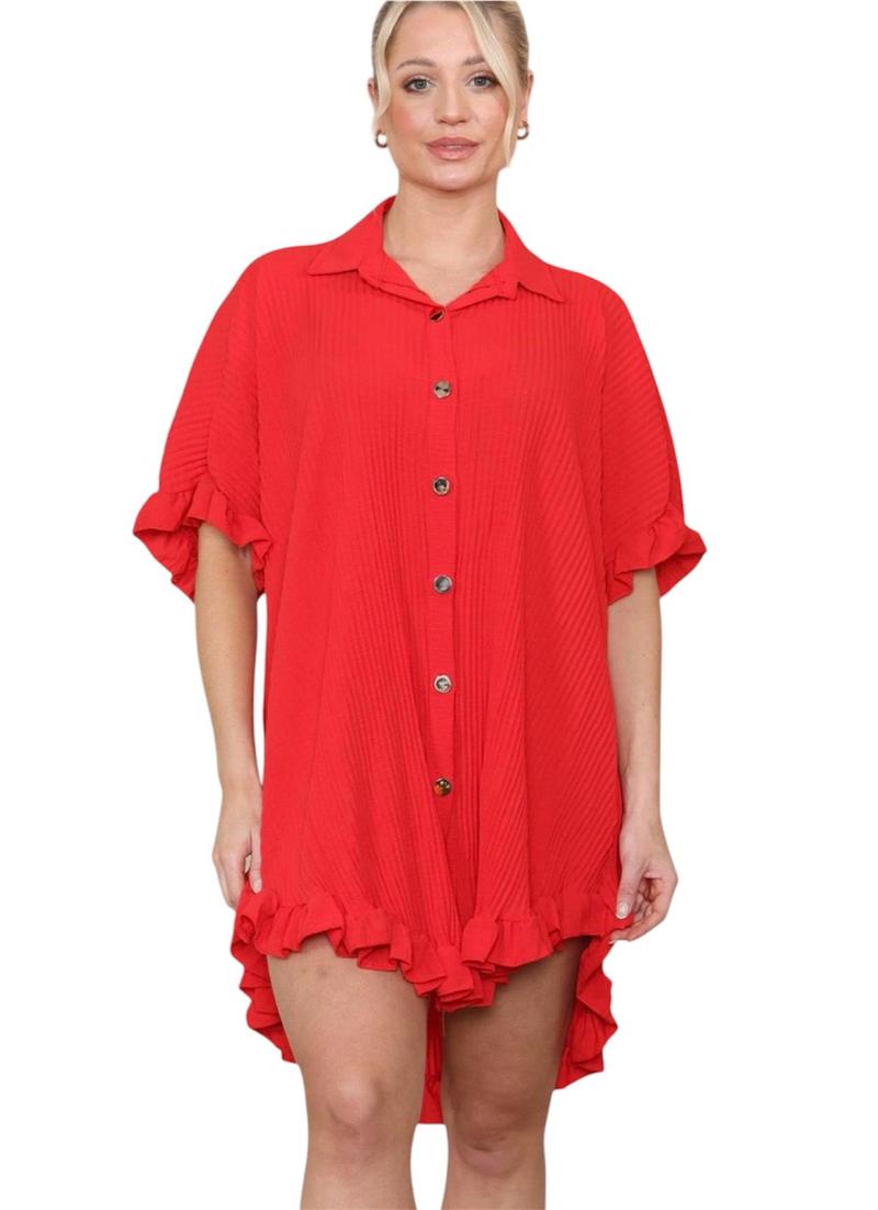 Product Introduction of Women's Lightweight Pleated Frill Hem Shirt Dress - Casual Loose Fit Collared Tunic with Gold Buttons - Comfort, Breathable 20