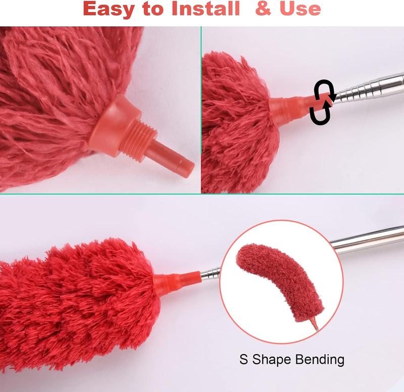 Extendable Feather Duster, Microfiber Duster with Extra Long 100 inches Telescopic Pole and Bendable Head, Hand Duster for Cleaning High Ceiling Fans, Cars, Blinds, Cobweb (Red) 3