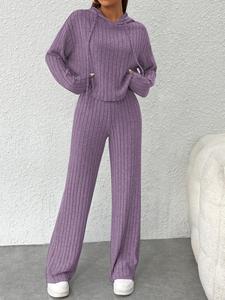 Two-Piece Set Women's Solid Lettuce Trim Set, Casual Cozy 2 Piece Set Long Sleeve Drop Shoulder Hoodie & Pants for Daily Outdoor Wear, Ladies Clothes for All Seasons, Fall outfit