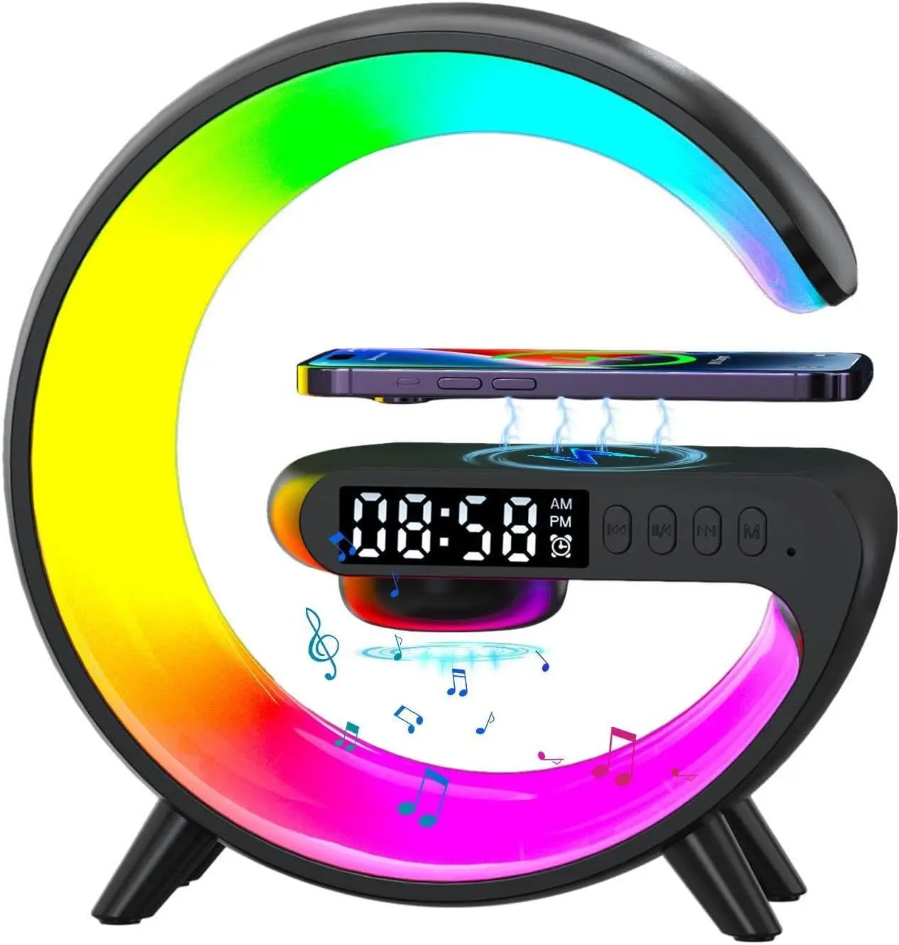 Smart Atmosphere Lamp - LED Night Light Bluetooth Speaker Wireless Charger RGB Alarm Clock, Multi-Functional G-Shape Table Lamp for Home Office, Bedroom, Gifts