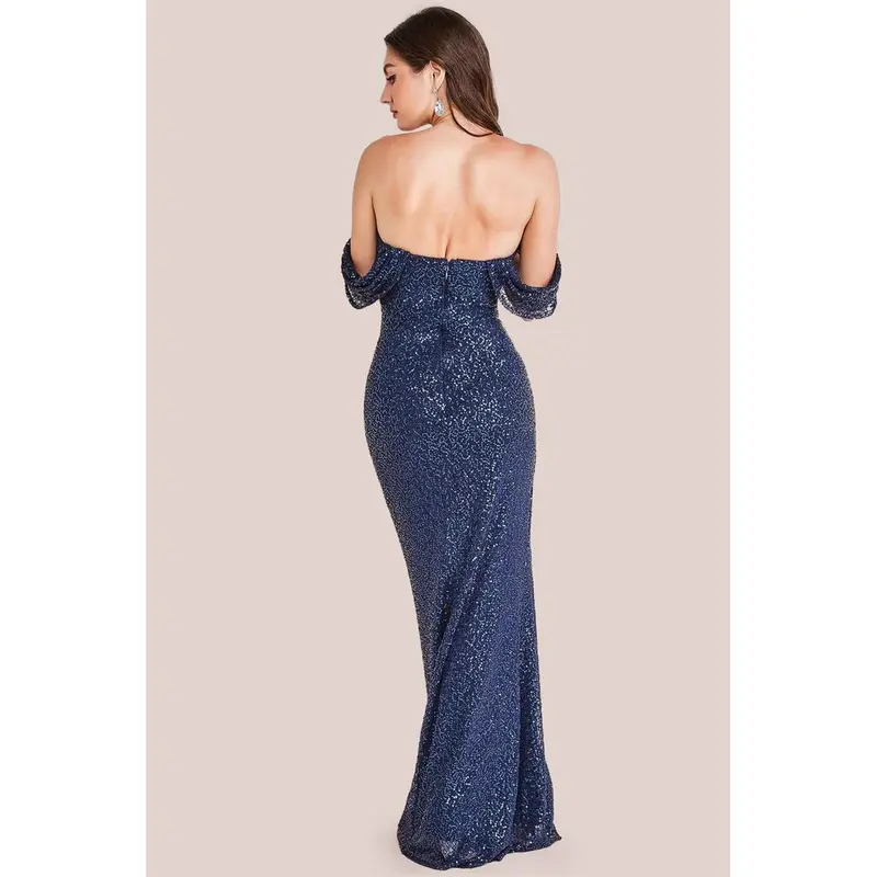 Goddiva Off The Shoulder Sequin Wing Maxi - Navy 1
