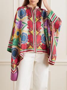 Women's Floral Print Batwing Sleeve Shirt, Casual Stand Collar Button Top for Spring & Fall, Women's Clothing for Daily Wear