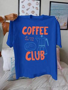 Women's Coffee Club Round Neck Graphic Tee, Vintage Trendy Casual Letter Print Short Sleeve T-shirt for Daily Wear, Ladies Summer Outfit, Top, Womenswear,  Tshirts for Women