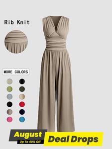 Women's Plain Ruched Deep V Neck Wide Leg Jumpsuit, Minimalist Casual Sleeveless Ribbed Jumpsuit for Daily Wear, Ladies Clothes for All Seasons, Fashionable Jumpsuit, Casual Comfy Jumpsuit