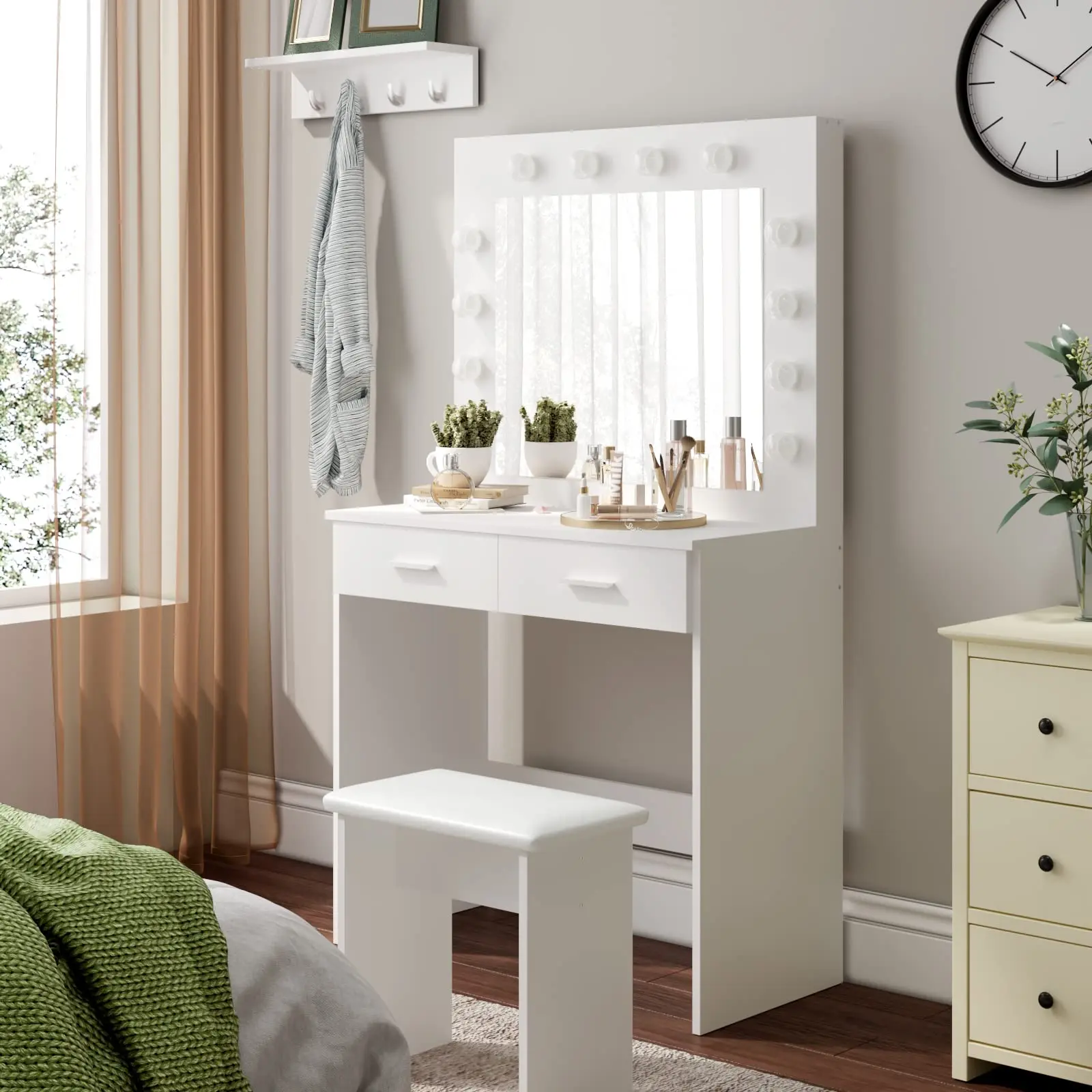 Dressing Table Set with Hollywood LED Lights Mirror, Vanity Makeup Table 2 Large Drawers and Stool (Black)