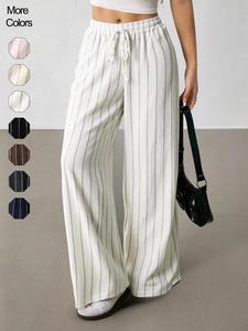 Women's Striped Waist Tie Straight Leg Loose Casual Pants, Fitted Style, Moderate Fabric Thickness, All Seasons Wear solid pocket pant trouser pant linen  trousers  women bell  bottom flares