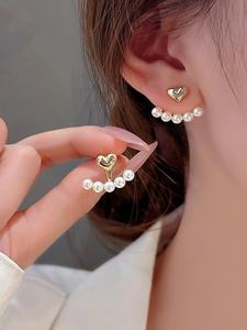 Women's Elegant Faux Pearl Decorated Heart Design Earring Jacket, 1 Pair Heart Design Exquisite Trendy Earring Jacket, Chic Gorgeous Jewelry As Gift for Girlfriend, Valentine's Day, Gift