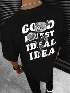 Men's Letter & Rose Print Round Neck Tee, Loose Street Fashion Soft Comfy Short Sleeve T-shirt for Daily Wear, Men's Summer Clothes, Top