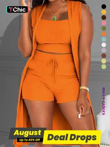 Three-Piece Set Women's Solid Ribbed Co-ord Set, Casual Crop Fit Tank Top & Drawstring Waist Shorts & Vest Coat Set for Daily Wear, Summer Clothes, Chic Women's Clothing