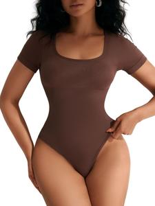 Women's Solid Square Neck Shapewear Bodysuit, Casual Comfy Seamless Short Sleeve Shapewear Bodysuit for Daily Wear, Ladies Shapewear for Summer