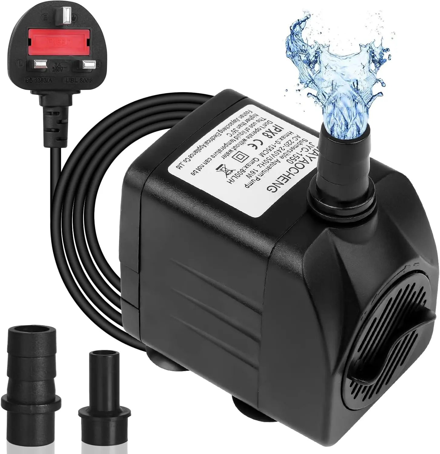 Submersible Water Pump(800L/H 16W), Ultra-Quiet Water Pump1.6m/5.2ft High Lift, Fountain Pump with 1.4m/4.5ft Power Cord&2 Nozzles for Aquarium, Fish Tank, Statuary, Hydroponics