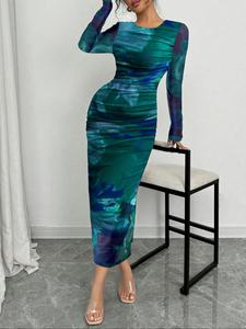 Women's Tie Dye Print Ruched Bodycon Dress, Elegant Long Sleeve Round Neck Dress for Party Holiday Wedding Guest, Ladies Fall Clothes