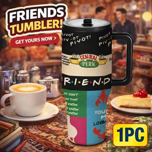 1pc 40oz Friends Funny Coffeehouse Tumbler, Stainless Steel Insulated Mug with Handle, Retro Quote Travel Cup, Portable Vacuum Flasks for Coffee, Tea, Water and Cold Drinks, Large Capacity Vacuum Drinkware Gift for Best Friends, Women and Men